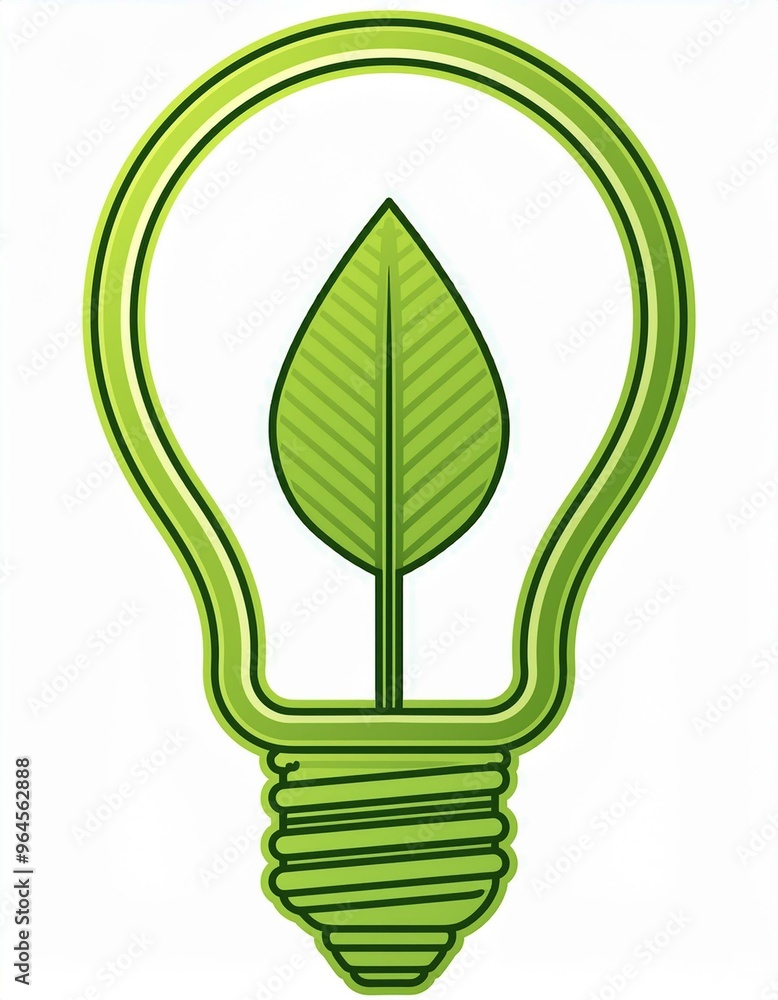 Green contour of shining electric light bulb with green leaf. Isolated on White. Flat outline icon. Vector illustration. Go green. Eco friendly. World environment day Green contour of shining electric light bulb with green leaf. Isolated on White. Flat outline icon. Vector illustration. Go green. Eco friendly. World environment day