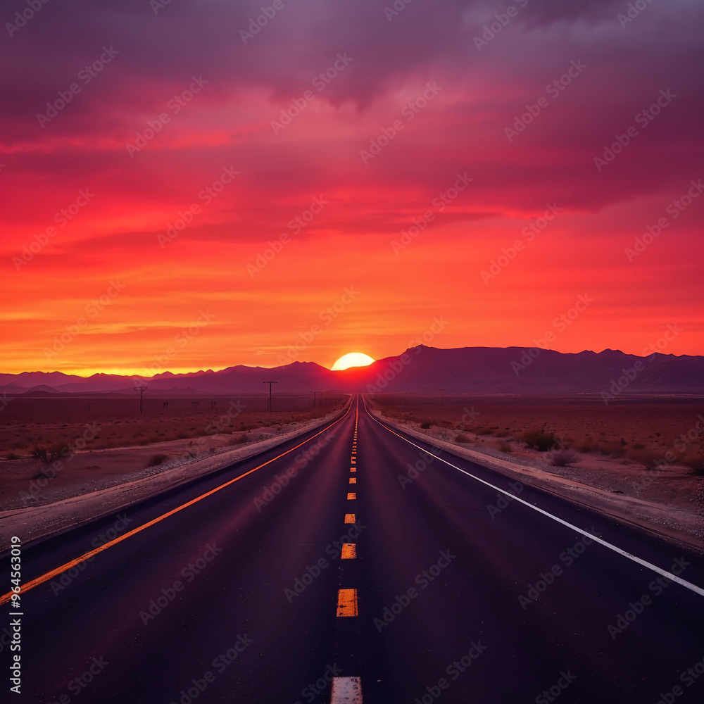Fototapeta premium Endless Desert Road at Sunset with Vibrant Sky