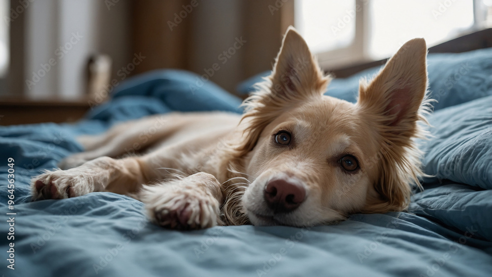 Obraz premium Cute dog lying on a bed with blue covers and head resting on paws, relaxed and content expression.