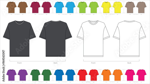 T-shirt vector template set mock up isolated on white background. flat technical drawing template. Unisex T-Shirt illustration, colorful front and back view, white. T-shirt Mock-up Front and back.