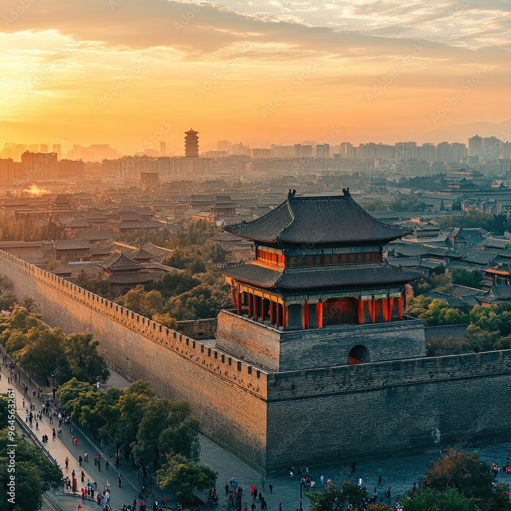 Aerial view of the ancient city walls of Xi'an at sunset, with the Bell Tower in the background and bustling city life below Aerial view of the ancient city walls of Xi'an at sunset, with the Bell Tower in the background and bustling city life below