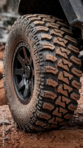 Close-up of a Rugged Tire Tread Showcasing Durability and Grip on Rocky Terrain in Natural Lighting. Generative AI