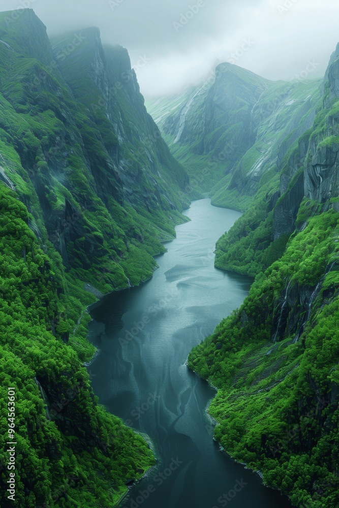 A breathtaking aerial view of a lush green valley with a serene river winding through, surrounded by towering cliffs shrouded in mist. A breathtaking aerial view of a lush green valley with a serene river winding through, surrounded by towering cliffs shrouded in mist.