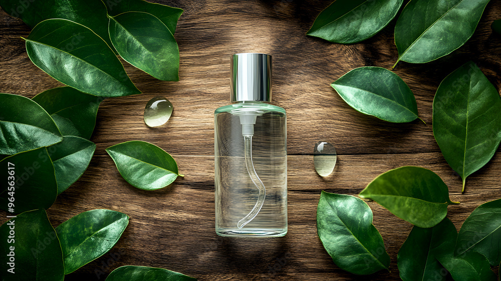 transparent toner bottle mockup placed on a wooden surface with green leaves surrounding it, symbolizing natural and clean skincare transparent toner bottle mockup placed on a wooden surface with green leaves surrounding it, symbolizing natural and clean skincare