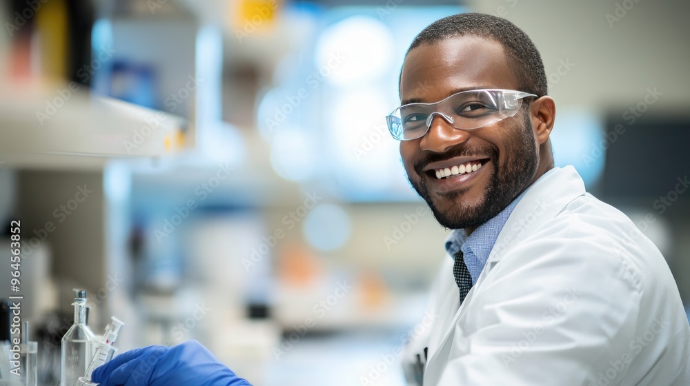 Male laboratory researcher smiling as he conducts research in a modern lab setting, symbolizing advancements in healthcare and science. Male laboratory researcher smiling as he conducts research in a modern lab setting, symbolizing advancements in healthcare and science.