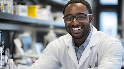 Male laboratory researcher smiling as he conducts research in a modern lab setting, symbolizing advancements in healthcare and science.