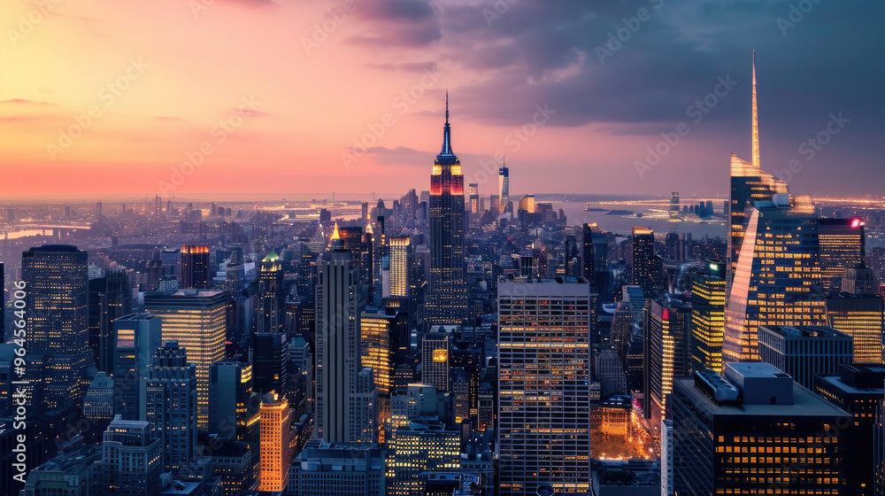 Naklejka premium New York City Skyline at Sunset Urban Landscape with Iconic Skyscrapers