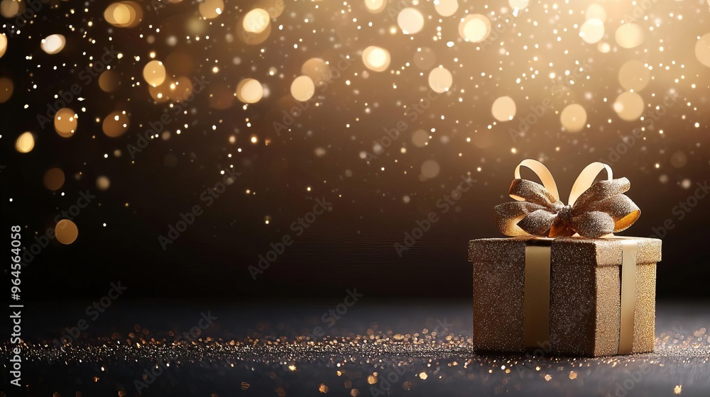 Birthday cake shaped like a gift box, topped with glittering bow, festive background with stars and sparkles Birthday cake shaped like a gift box, topped with glittering bow, festive background with stars and sparkles