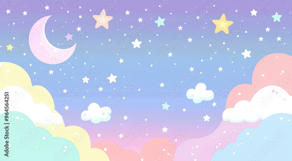 Fototapeta premium Cute pastel purple background with clouds, stars and moon vector presentation design for children's show