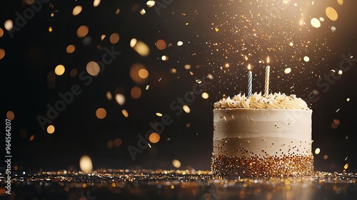 Luxurious birthday cake with gold and silver glitter, rich dark background with metallic confetti falling