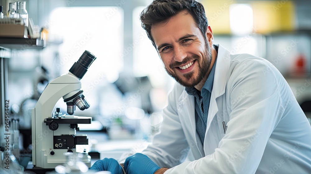 Portrait of a male scientist working in a medical lab, smiling at the camera while using a microscope, representing healthcare research and innovation. Portrait of a male scientist working in a medical lab, smiling at the camera while using a microscope, representing healthcare research and innovation.