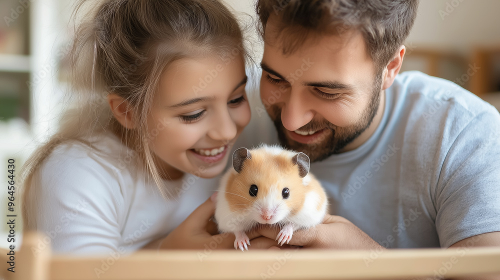 Close-up of a father and daughter grinning as they gently hold their pet hamster, creating a tender moment of family and pet love. Close-up of a father and daughter grinning as they gently hold their pet hamster, creating a tender moment of family and pet love.
