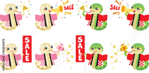 巳年のかわいい蛇のセールスタッフのセットイラスト
