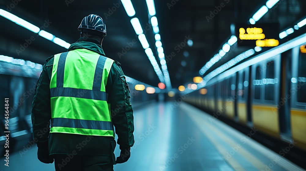 Fototapeta premium A safety officer walks along the subway platform, illuminated by bright lights, ensuring the area is secure and safe for commuters.