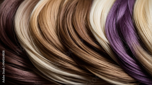 A vibrant display of multicolored hair strands featuring a spectrum of shades from purple to brown hues. photo