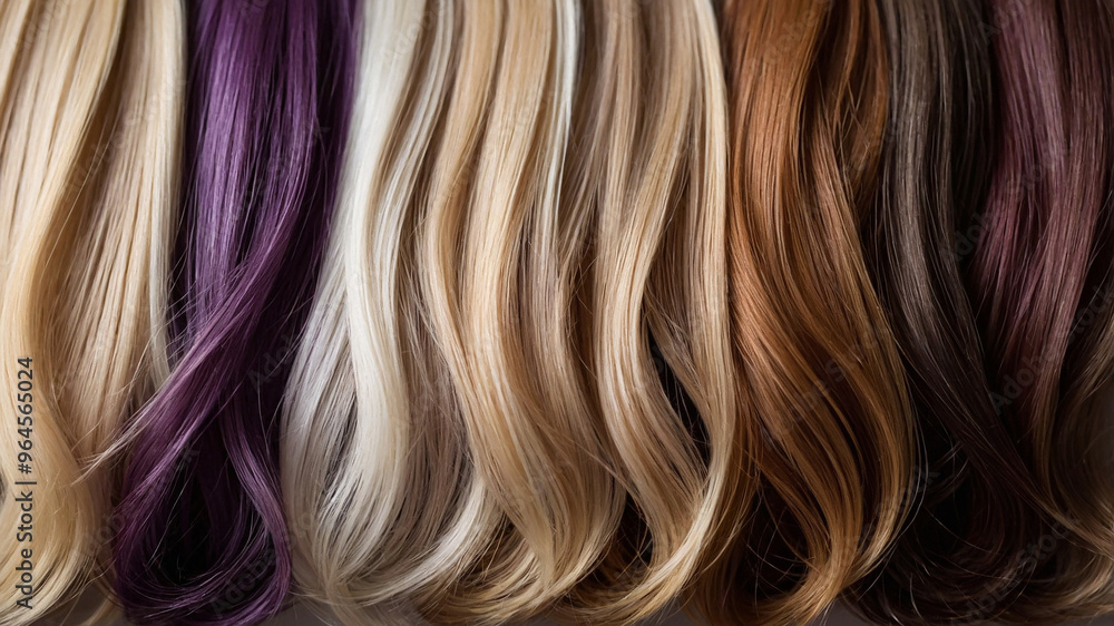 Naklejka premium A vibrant display of multicolored hair strands featuring a spectrum of shades from purple to brown hues.