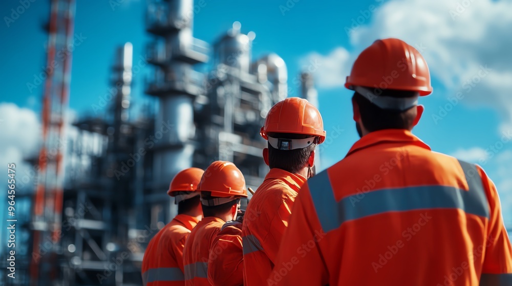 Professional workers in safety gear observe industrial facility, showcasing teamwork and dedication in a vibrant environment. Professional workers in safety gear observe industrial facility, showcasing teamwork and dedication in a vibrant environment.