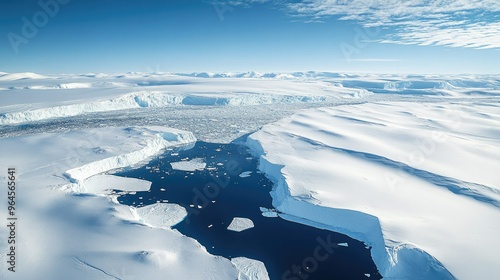 Aerial view of the icy expanse of Antarctica, showing the vast glaciers and icebergs that make up the continent. photo