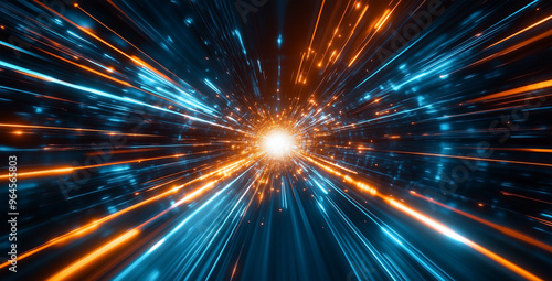 Futuristic light warp, glowing neon trails, sci-fi speed motion blur, abstract fractal art, high-energy burst technology background