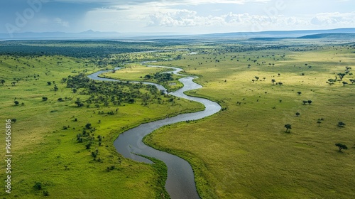 Aerial view of the Maasai Mara National Reserve, showing the vast plains and winding rivers.