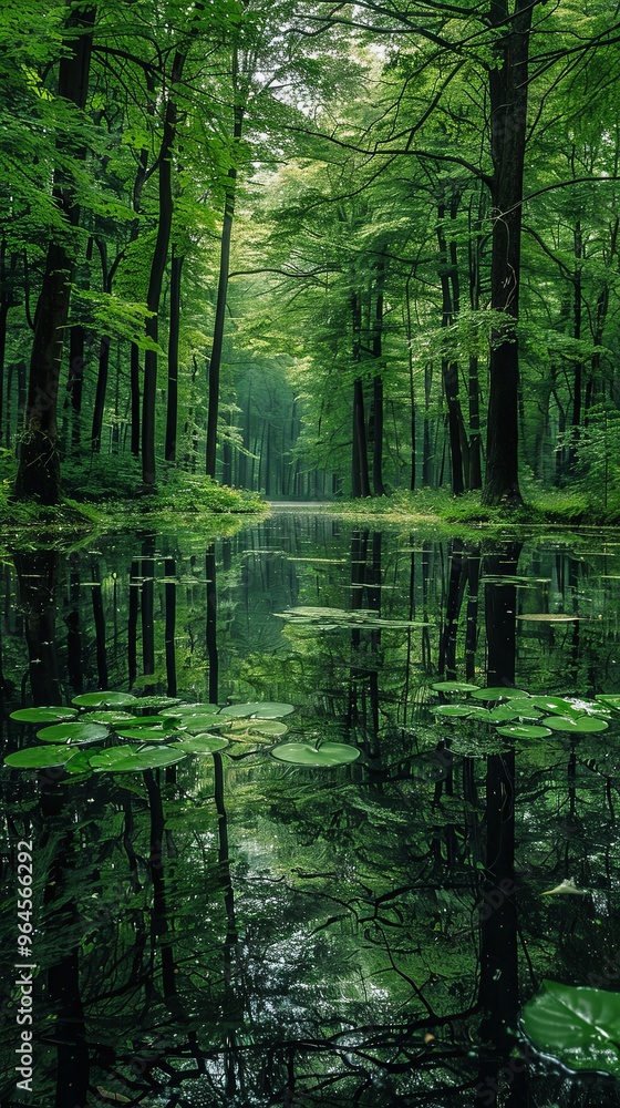 Obraz premium Forest stream with lily pads and reflection