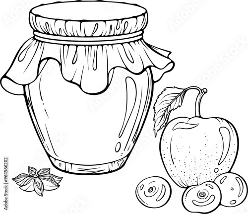 Glass jar with jam or jelly and fruits. Apple, cherries, star anise. Homemade natural berry dessert. Vector illustration in hand drawn sketch doodle style. Line art isolated on white for coloring book