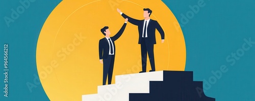 A professional illustration of teamwork and success, showing one businessman helping another climb to the top. photo