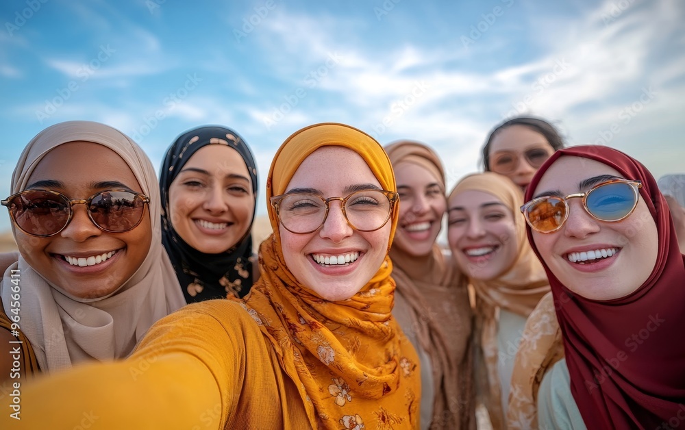 A joyful group selfie of diverse women wearing hijabs, showcasing friendship and cultural celebration against a bright sky. A joyful group selfie of diverse women wearing hijabs, showcasing friendship and cultural celebration against a bright sky.