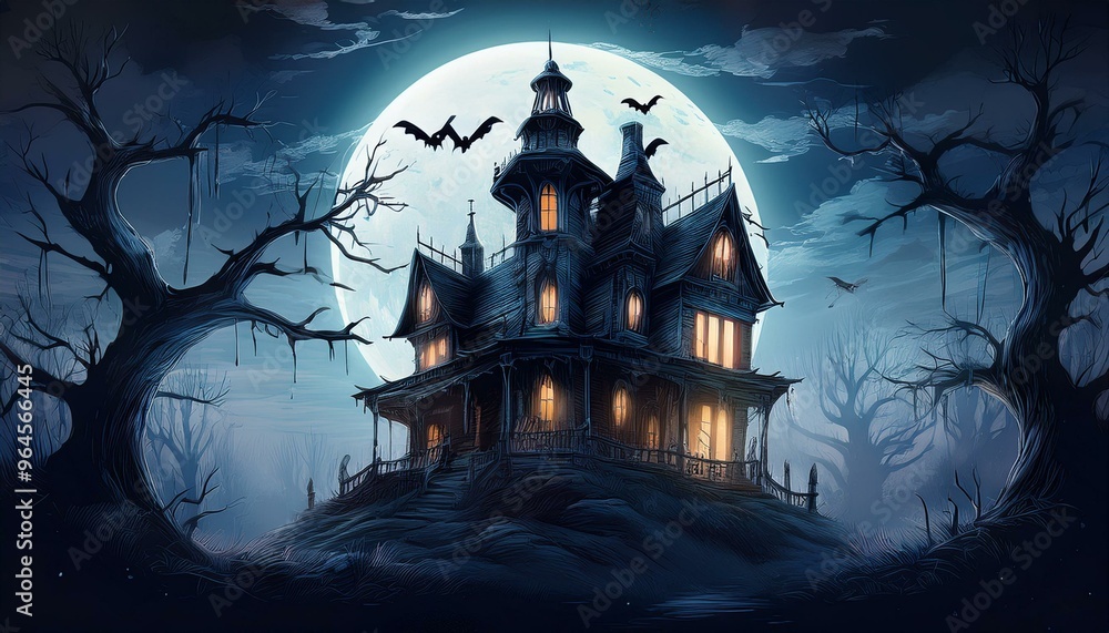 Fototapeta premium Spooky Haunted House at Night: An eerie, abandoned Victorian-style haunted house on a hill, surrounded by twisted, bare trees under a full moon. The windows are cracked. wallpaper halloween