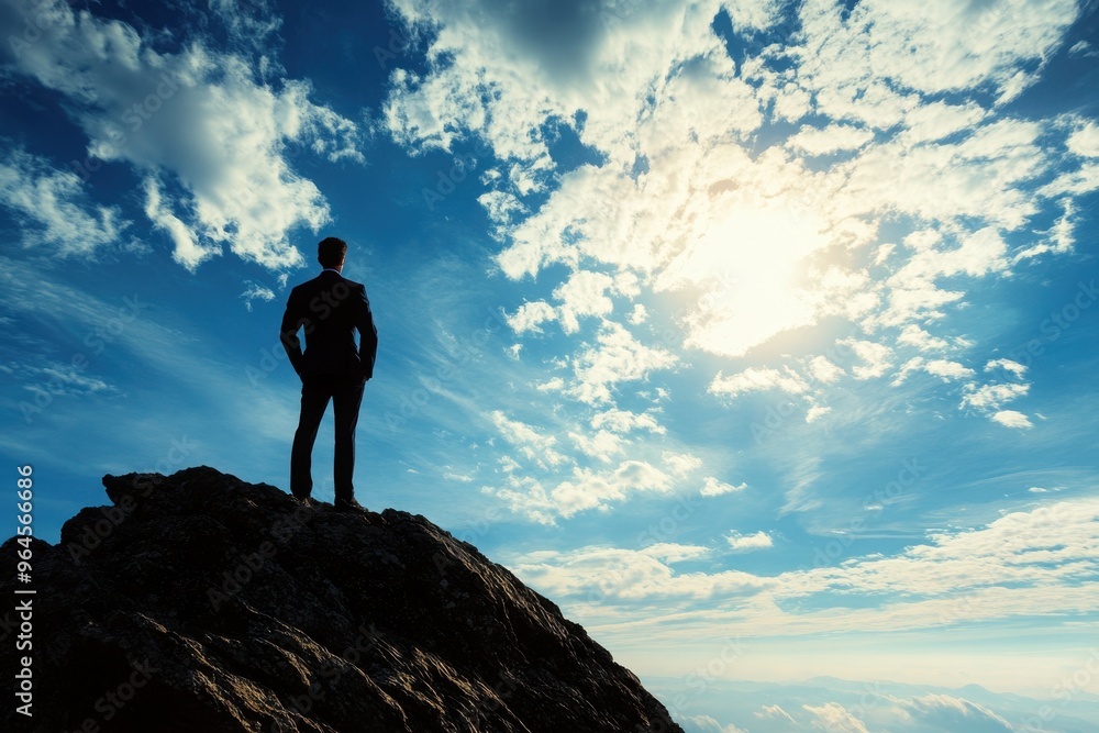 A silhouette of a businessman standing on a rock against a vast sky, symbolizing ambition and achievement in a serene landscape. A silhouette of a businessman standing on a rock against a vast sky, symbolizing ambition and achievement in a serene landscape.