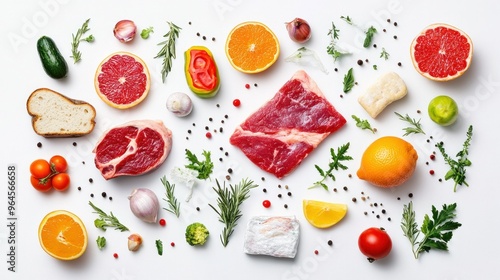 Vegetables, fruits, meat, bread and fish, spices, rosemary scattered on a white background. Top view.