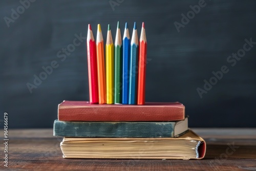 Pencils and study books on the table on the blackboard background