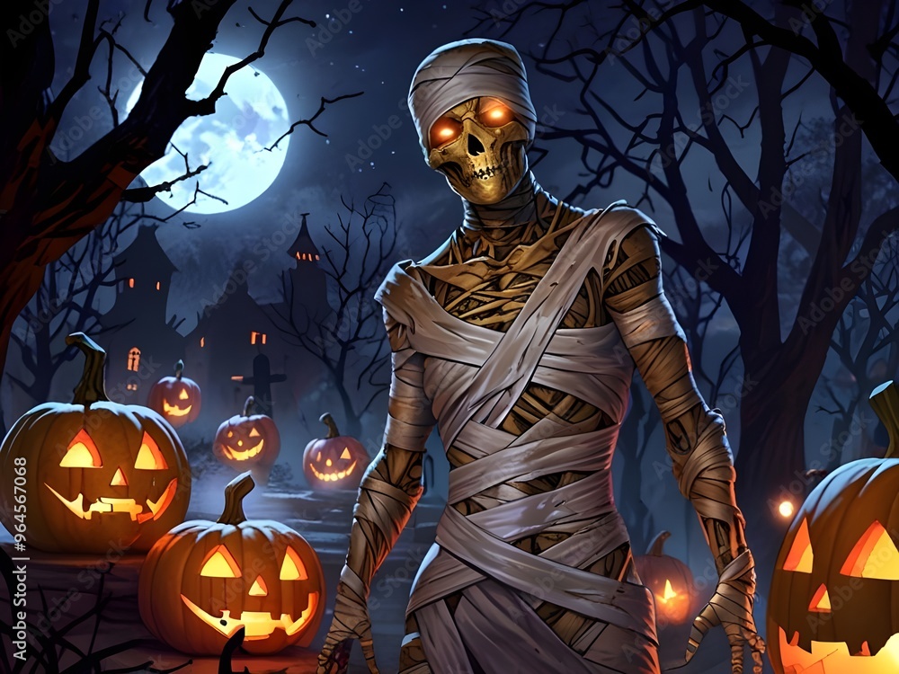 Mummy wrapped in ancient linen bandages stands amidst a Halloween setting, illustration Mummy wrapped in ancient linen bandages stands amidst a Halloween setting, illustration
