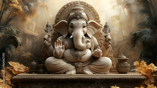 A serene statue of Ganesha amidst a tranquil, nature-inspired background.