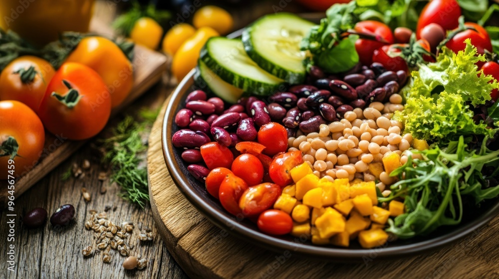 Arrangement of colorful salad plates with nuts, grains and fresh vegetables on an old wooden table: Healthy food variety Arrangement of colorful salad plates with nuts, grains and fresh vegetables on an old wooden table: Healthy food variety