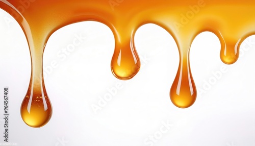 Golden amber color Honey Drizzle made in nature by bees, with Droplets dripping down isolated on White Surface background with copy space photo