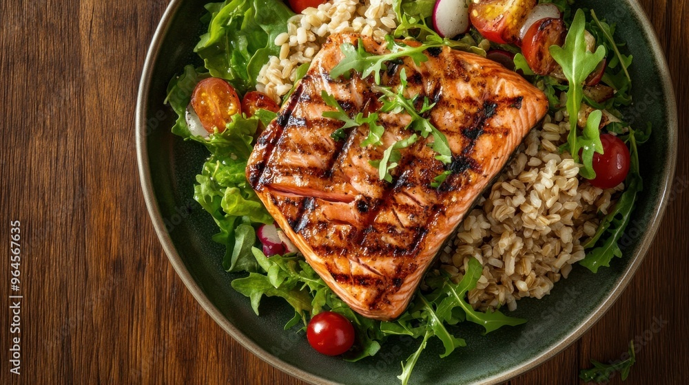 Grilled tuna or salmon served on a plate with brown rice and fresh salad on a wooden table: seafood high in protein and healthy fats. Grilled tuna or salmon served on a plate with brown rice and fresh salad on a wooden table: seafood high in protein and healthy fats.