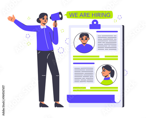 Headhunting recruitment. Specialist and work position candidates, HR agency hiring flat vector illustration. Job interview scene