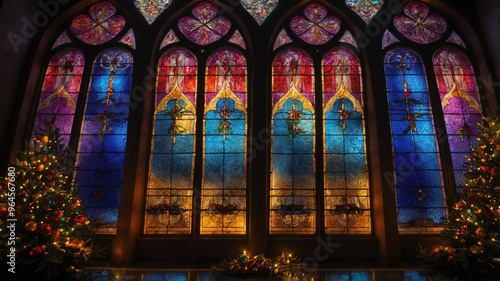 Stained glass windows with colorful lights and two Christmas trees on either side in a dimly lit room