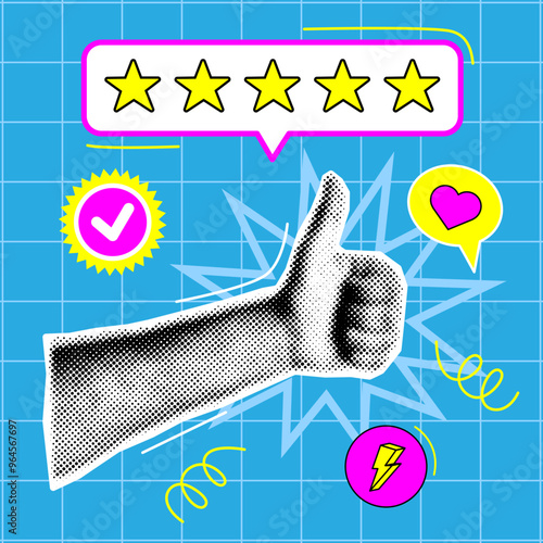 Cool Y2k, Groovy banner with five stars and hand with thumb up. Collage with dots, heart, lightning, like icon and 5 elements for rating, status designations. Customer reviews, overviews.Vector EPS10