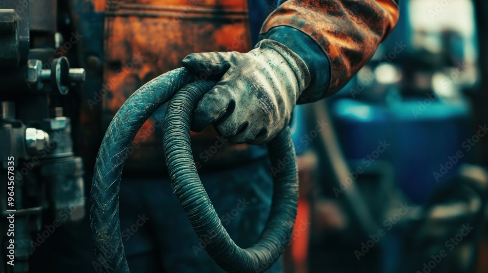 industrial worker Or mechanical engineer holding a hydraulic hose on a background machine with metal joints.