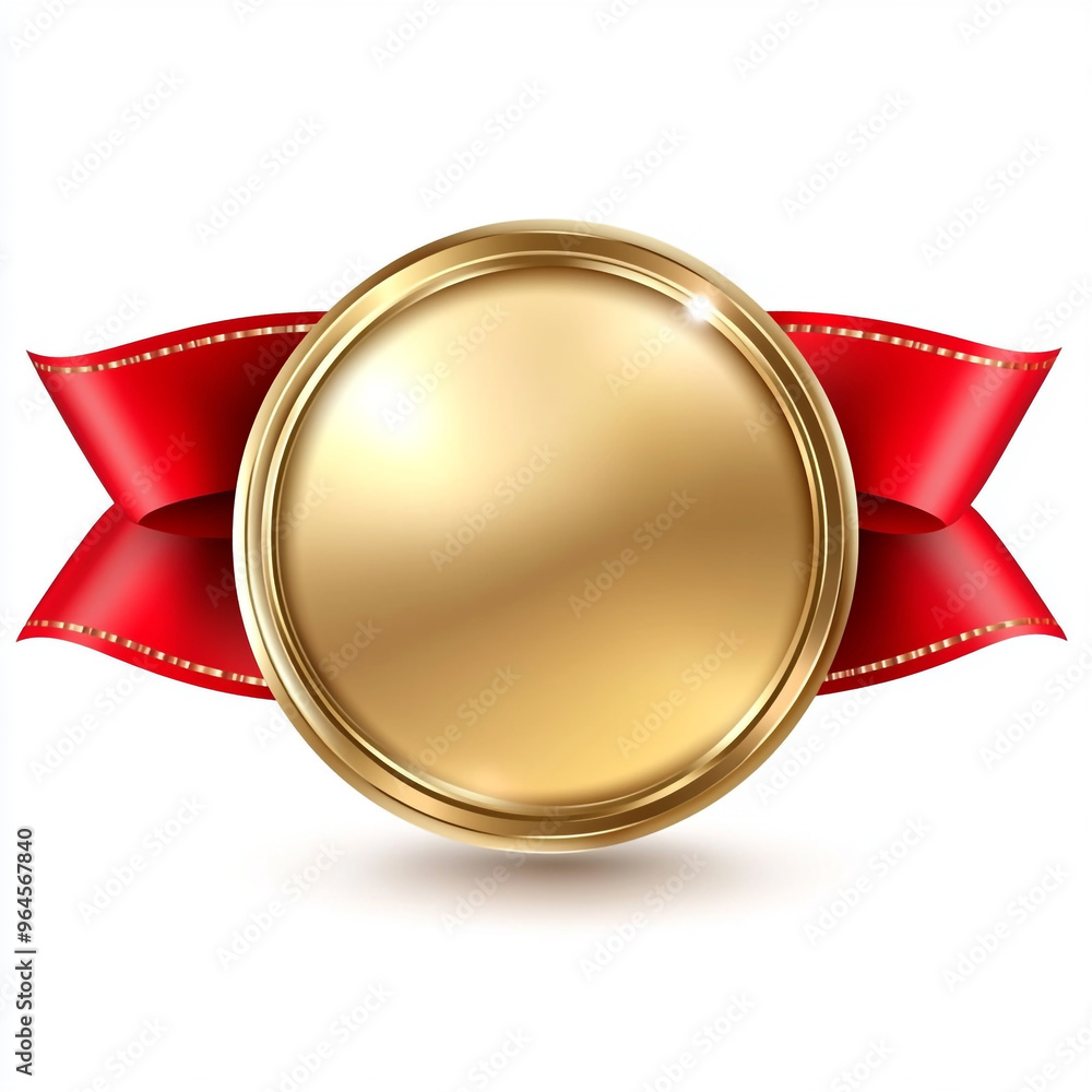 Gold circular badge with a red ribbon isolated on a white background Gold circular badge with a red ribbon isolated on a white background
