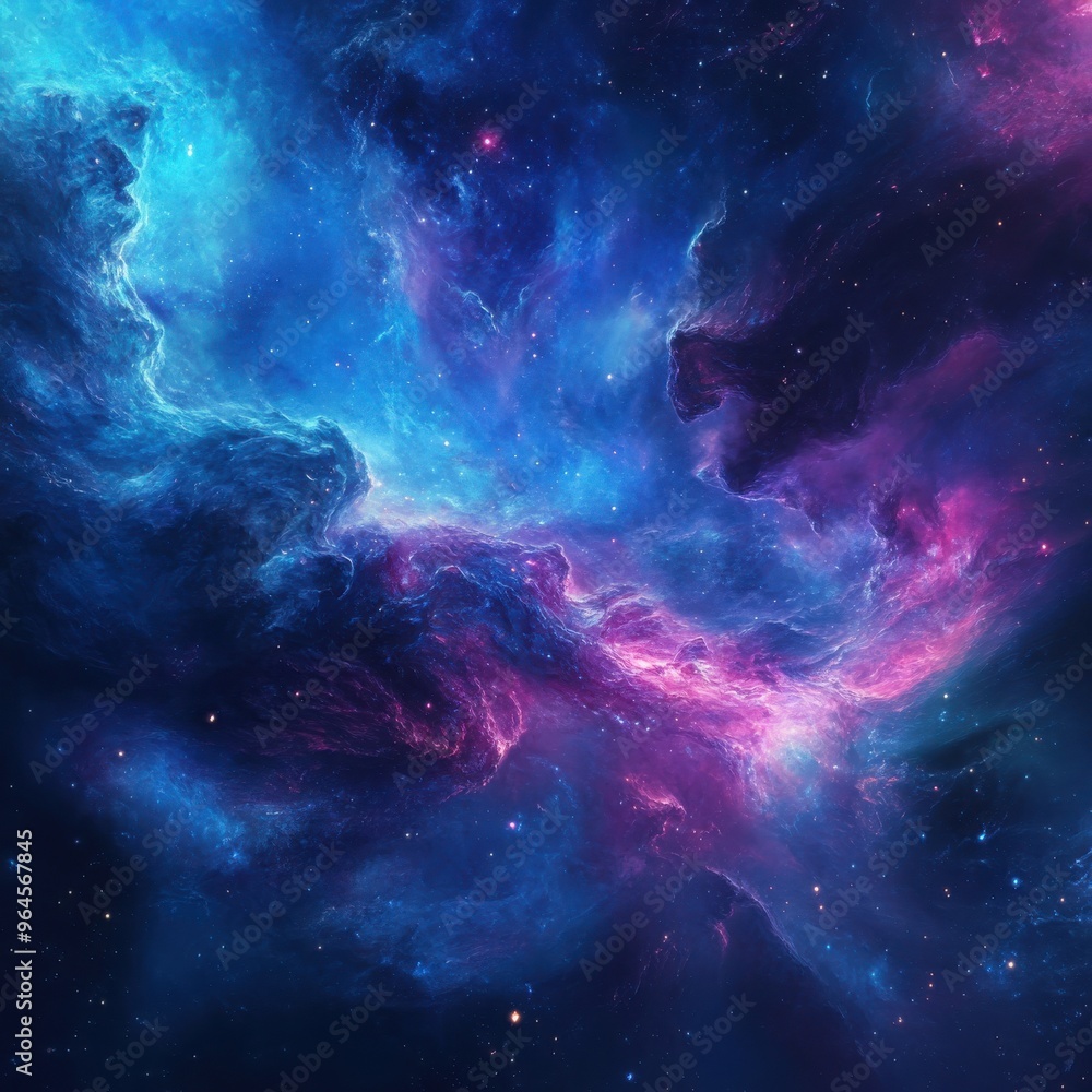 Obraz premium A vibrant cosmic scene depicting swirling clouds of gas and stars in deep blues, purples, and hints of pink, evoking endless wonder.