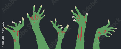 Zombie hands. Halloween monsters bony scrawny arms, horror zombie limbs flat vector illustration set. Halloween spooky living dead creepy hands