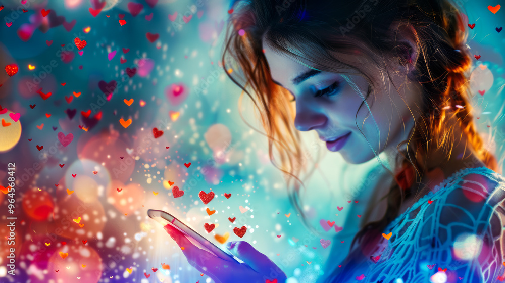 Obraz premium A girl engrossed in a phone chat, with a love symbol emanating from the phone screen