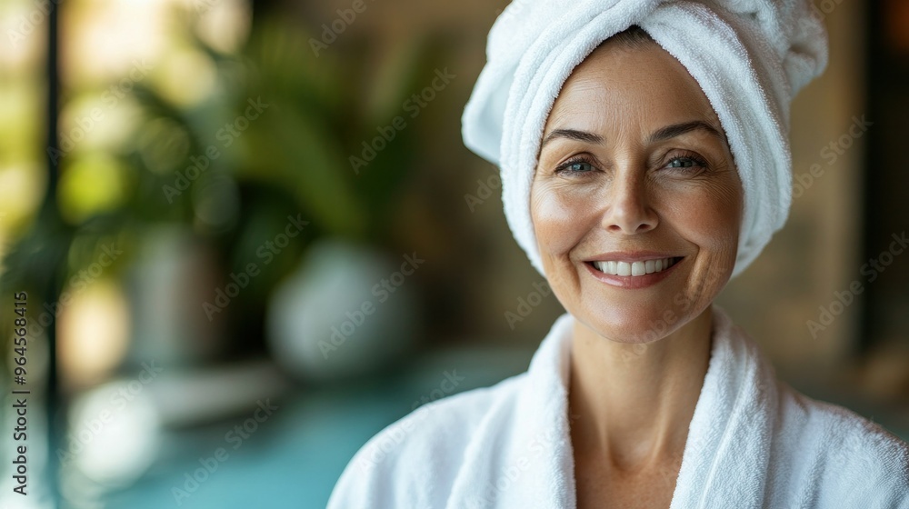 A middle-aged woman in a white bathrobe radiates happiness enjoying a spa treatment. happy lifestyle A middle-aged woman in a white bathrobe radiates happiness enjoying a spa treatment. happy lifestyle