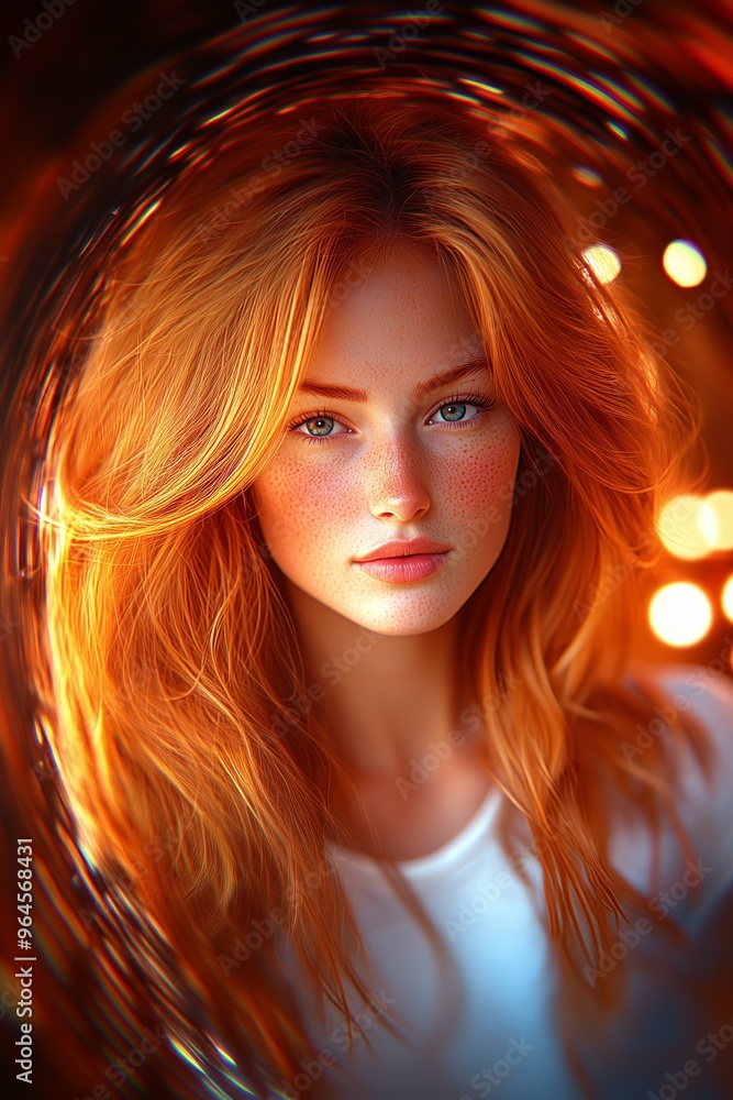 Young woman with radiant red hair and striking freckles in soft, warm light. Young woman with radiant red hair and striking freckles in soft, warm light.