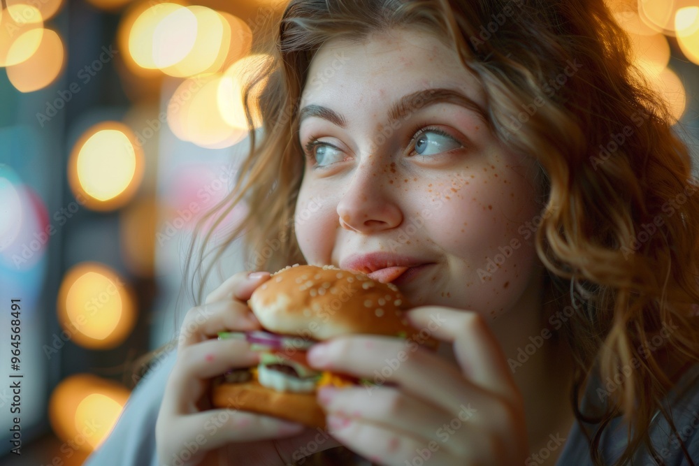 Portrait beautiful plump young woman joy of eating Junk food Portrait beautiful plump young woman joy of eating Junk food