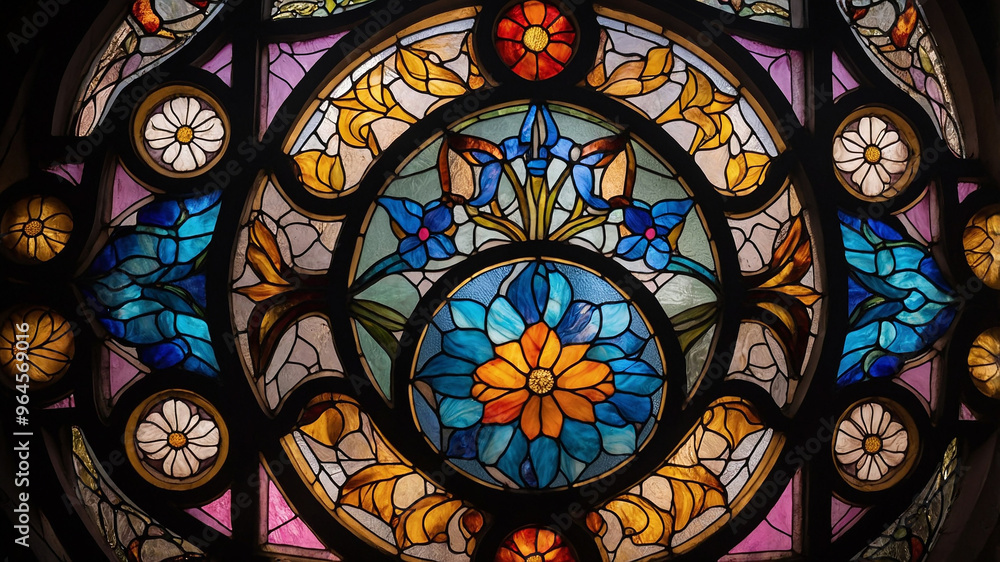 Fototapeta premium Stained glass window featuring vibrant flowers and intricate patterns, capturing a blend of colors and light.