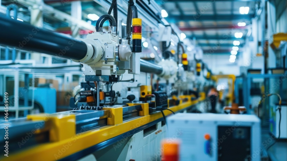 Picture inside the factory where plastic production machinery is in use. There are plastic lines or plastic parts produced by machines. Picture inside the factory where plastic production machinery is in use. There are plastic lines or plastic parts produced by machines.